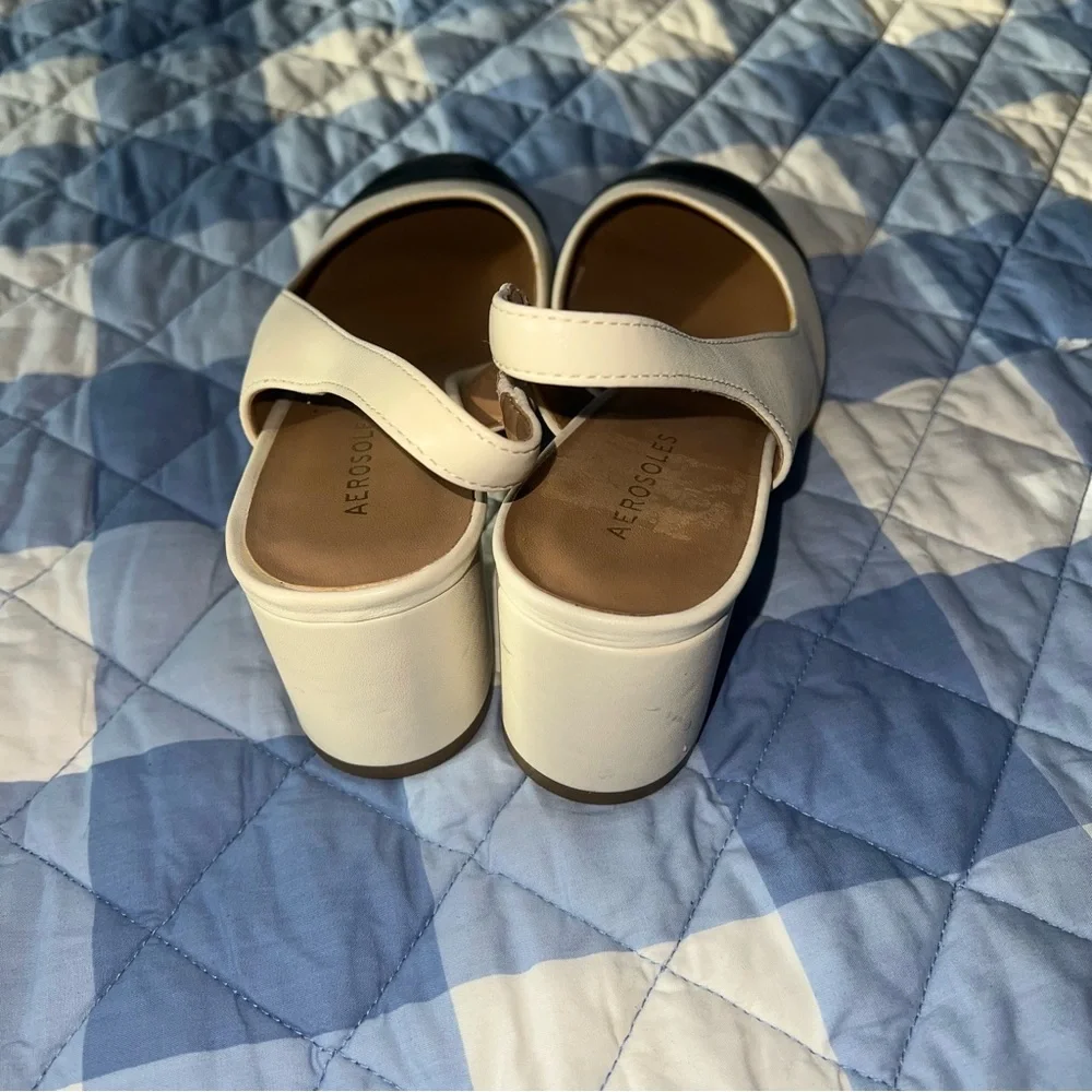 AEROSOLES Two-Tone Cream Slingback Heels with Black Cap Toe - Picture 6 of 8